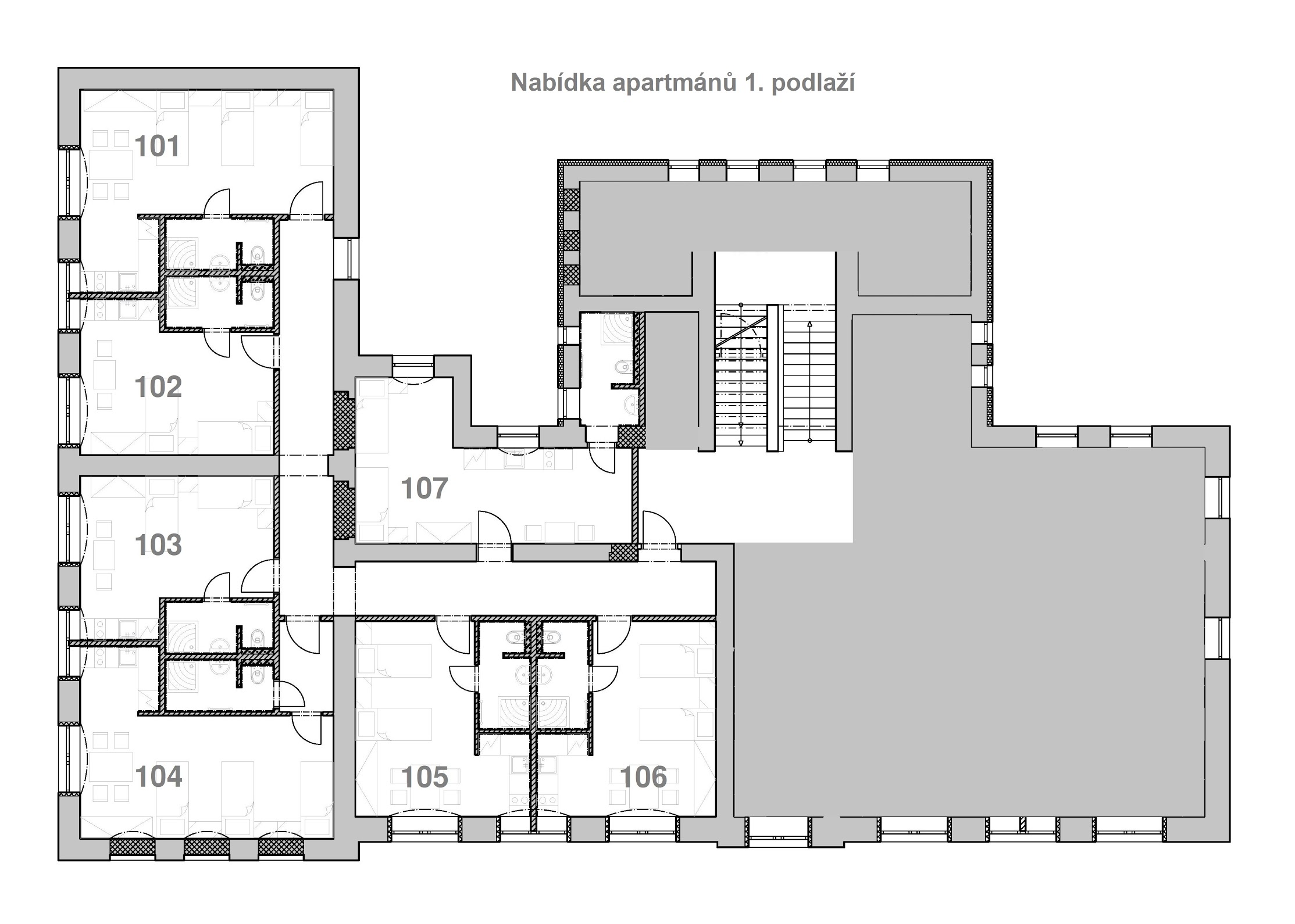 1. podlaží - půdorys apartmánů